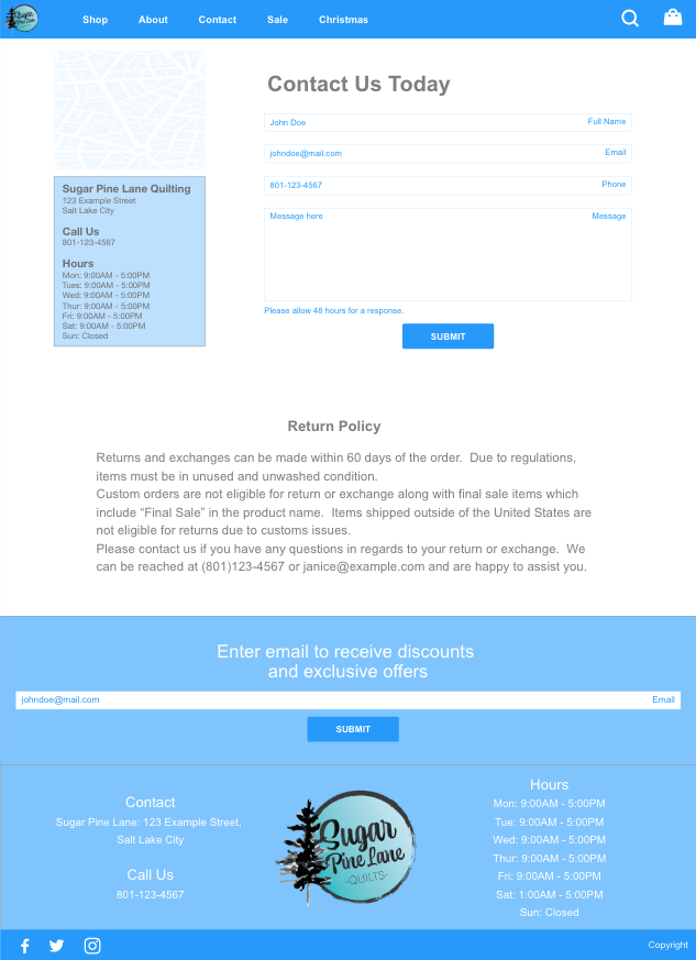 Desktop medium fidelity wireframe of contact page